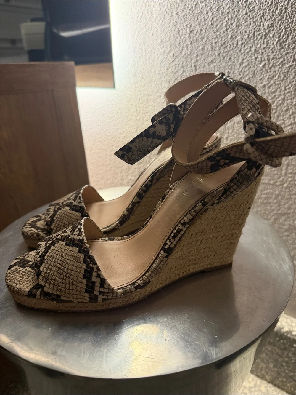 Zara Beige and Black Snake-Print Espadrille Wedge Sandals